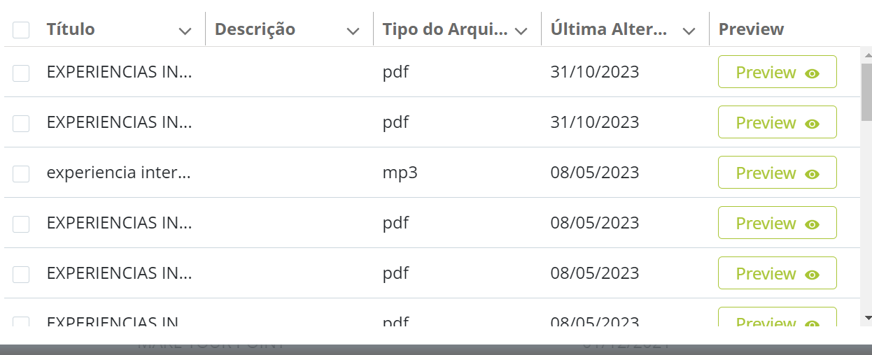 #PraCegoVer Imagem mostrando os arquivos PDF das provas, a data dos arquivos e o botão preview (visualizar) na frente de cada arquivo.